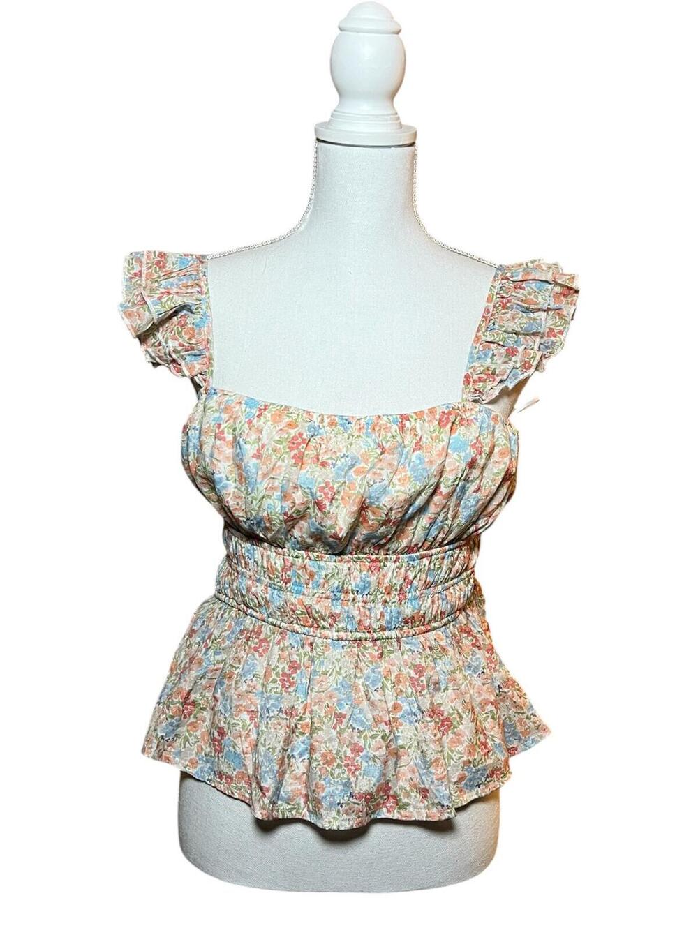 Floral Smocked Peplum Top Ruffle Cap Sleeves Square Neck Mi Ami L Cottage Core